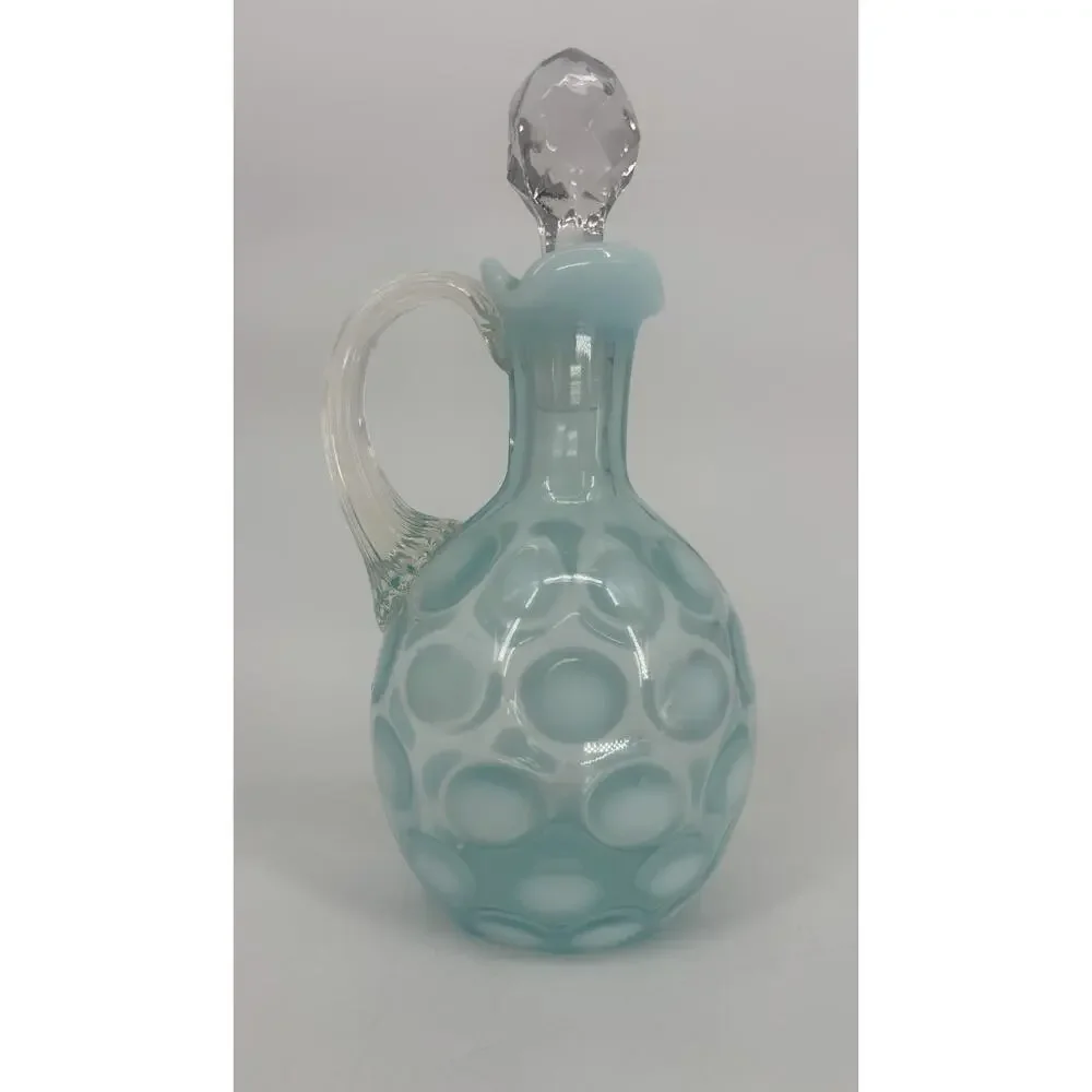 Vintage Fenton Blue Cruet Opalescent Coin Dot Cruet Ruffled Edge W/Stopper 7”